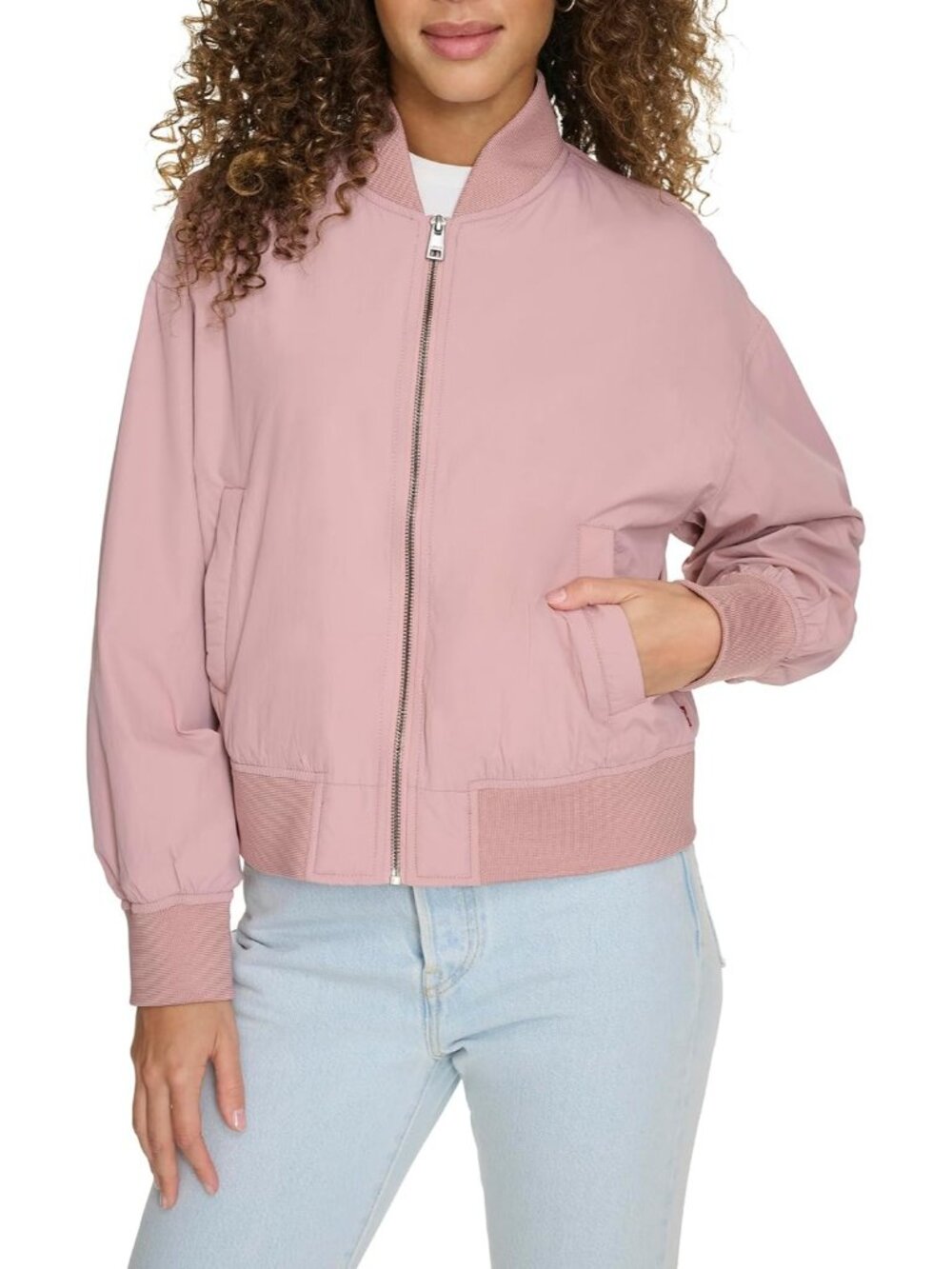 Women's Rose Nylon Band Collar Front Zipper Rib Knit Breathable Bomber Jacket